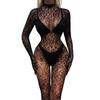 Women Sex Jumpsuit Hollow Out See-through Lace Fishnet Long Sleeves High Elasticity Thin Skinny Half-high Colllar Lady Honeymoon Wedding Jumpsuit