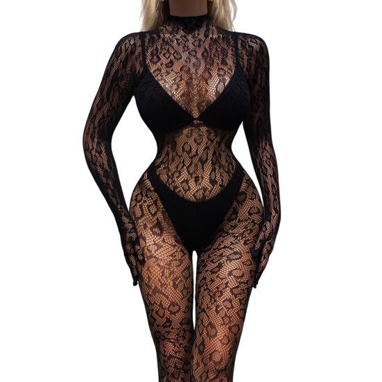 Women Sex Jumpsuit Hollow Out See-through Lace Fishnet Long Sleeves High Elasticity Thin Skinny Half-high Colllar Lady Honeymoon Wedding Jumpsuit