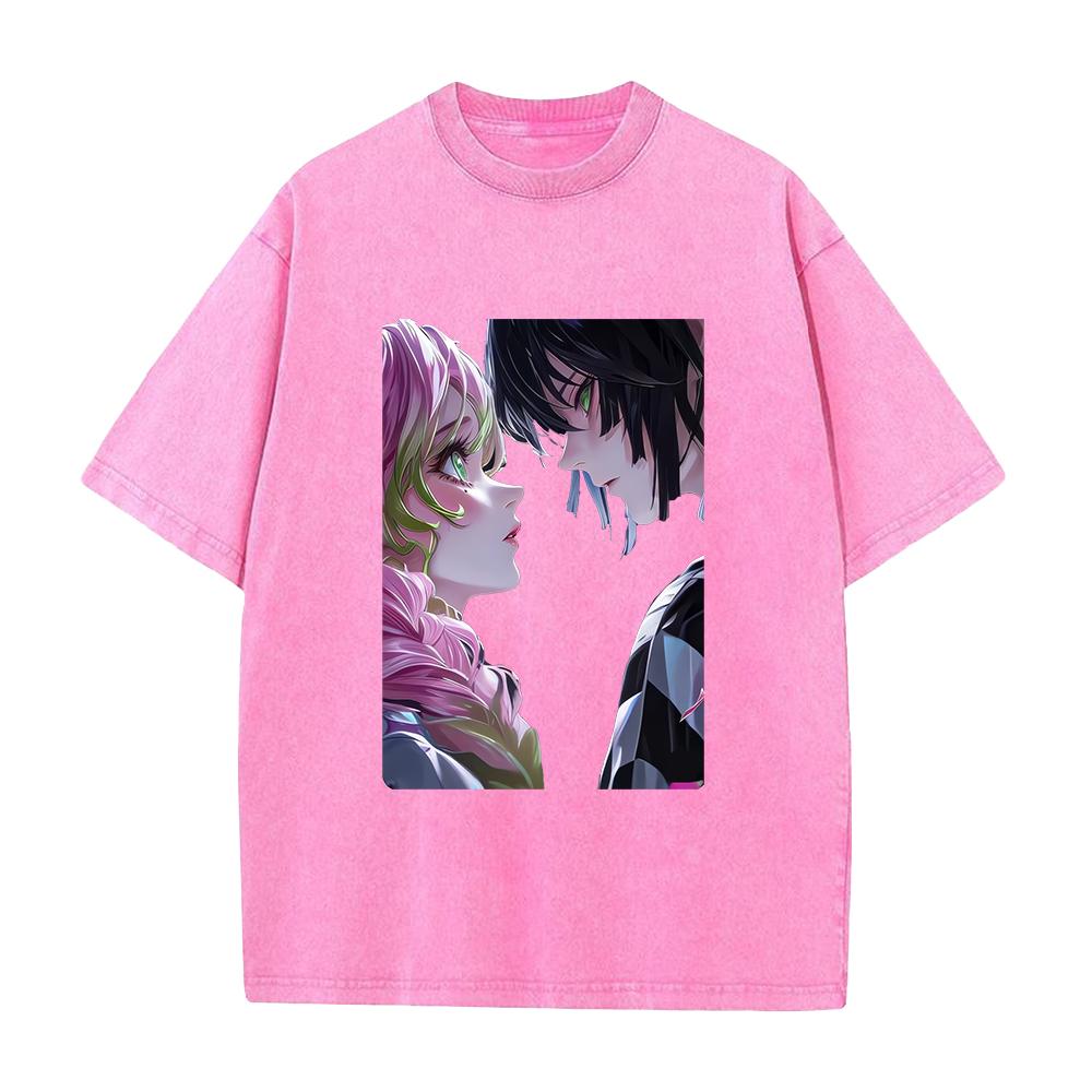 Iguro Obanai Kanroji Mitsuri Demon Slayer Print T-shirt Men Women Short Sleeve Clothing Cotton Tshirt Harajuku Washed Tops Tee