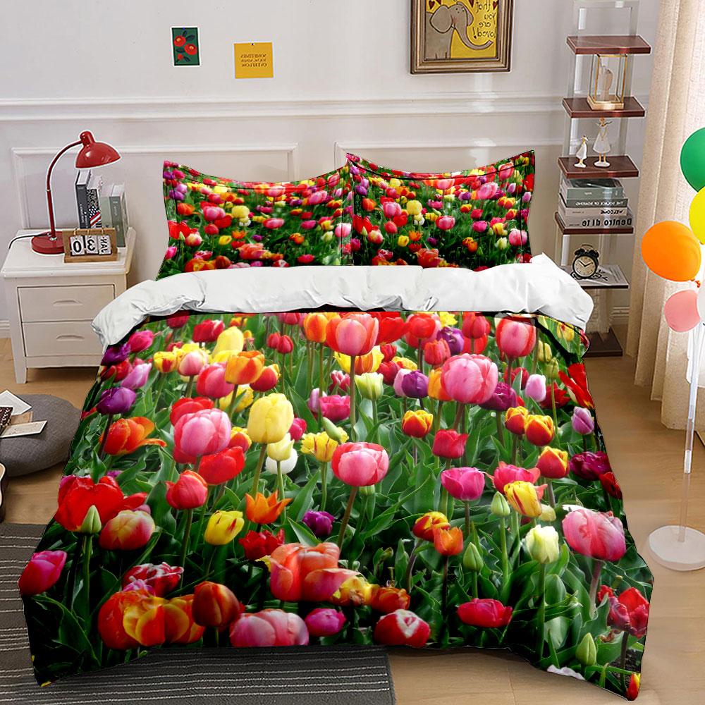 Colorful Tulip Garden Set Multiple Sizes Kid'S And Adults' Bedroom Exquisite 3Pc Bedding Set, Gift