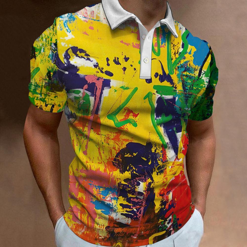 Abstract Art Print Short Sleeve Polo, Stylish Casual Top for Men