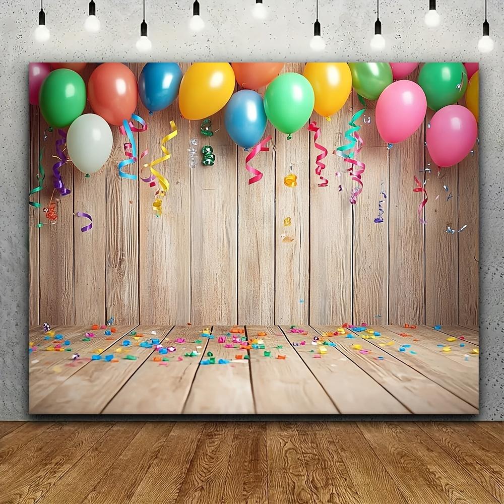 Colorful carnival balloons and tassels are decorated on the rustic wooden boards - polyester fiber photo background cloth