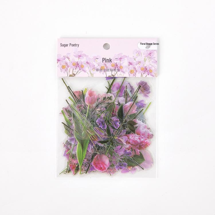 Floral Breeze Sugar Poem PET Sticker Pack: 40 Fresh Irregular DIY Floral Stickers In 6 Designs. Perfect for Diary Decoration!