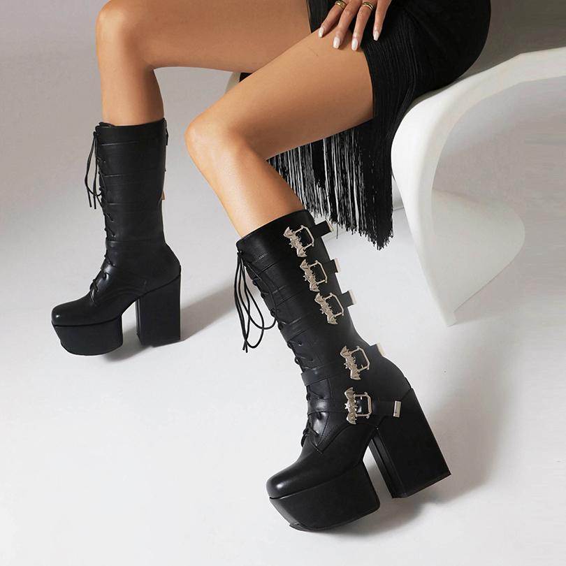 Nadměrná velikost Pět řad kovová přezka netopýr Punkový styl Dámské motorkářské boty Čtvercová špička Platforma Šněrovací Zadní zip Ke kolenům