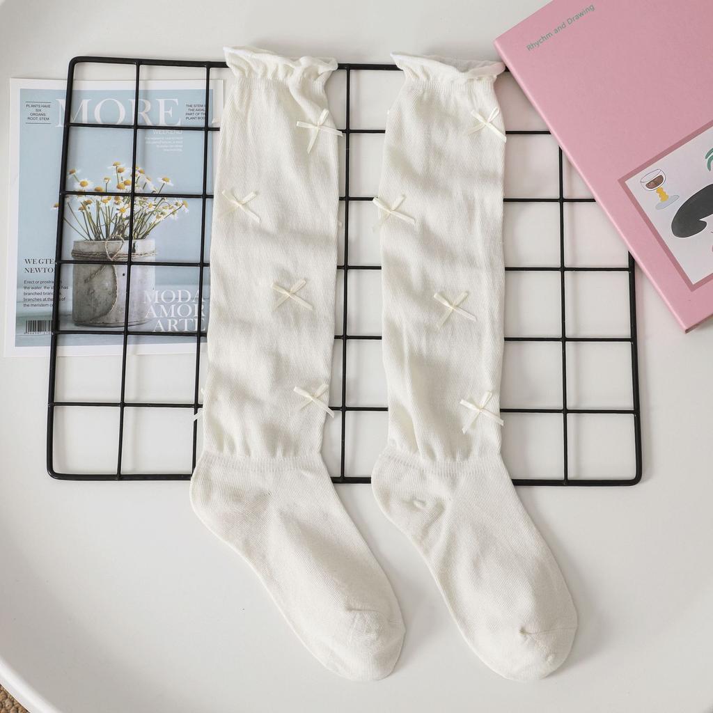 Female Spring and Autumn Sweet Bow Mesh Stitching Show Skinny Leg Pile Socks