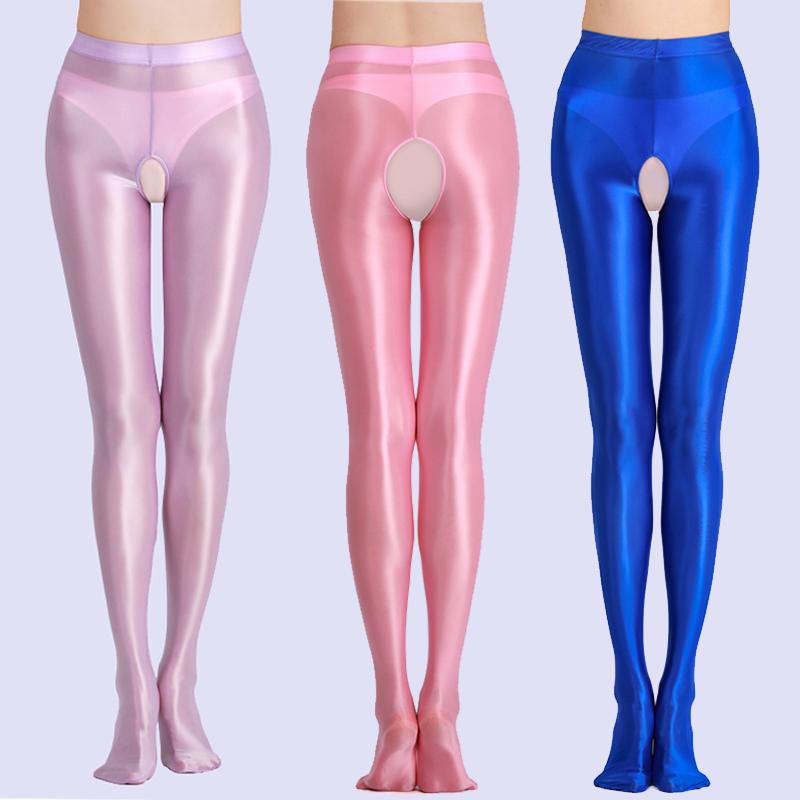 Japanische Satin Damen Feinstrumpfhose Öl Glänzend Glitzer Strumpfhose Glänzend Seidig Glatt Sexy Offener Schritt Leggings Party Club Kleidung