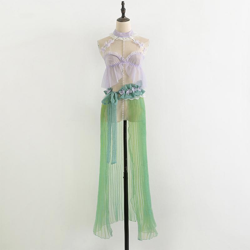 Hot Erotic Sexy Mermaid Roleplay Allure Deep V Lace Lingerie Mesh Babydolls Perspective Exotic Porn Dress With Pearl Chain