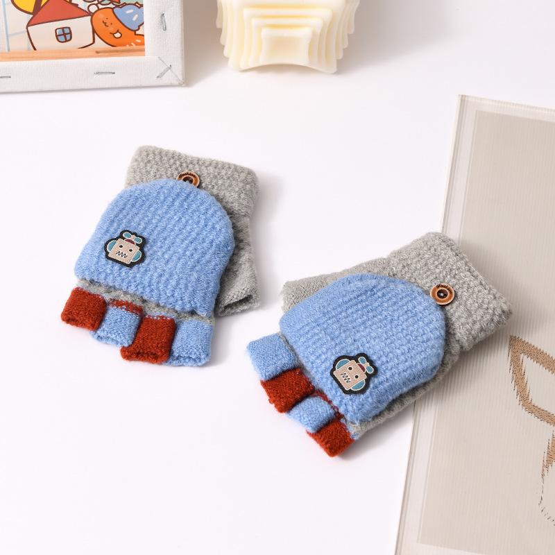 Fashion Children Flip Gloves 5-14Year Kids Half Finger Mittens Cycling Baby Winter Hand Warmer Boys Thicken Woolen Knitted Glove