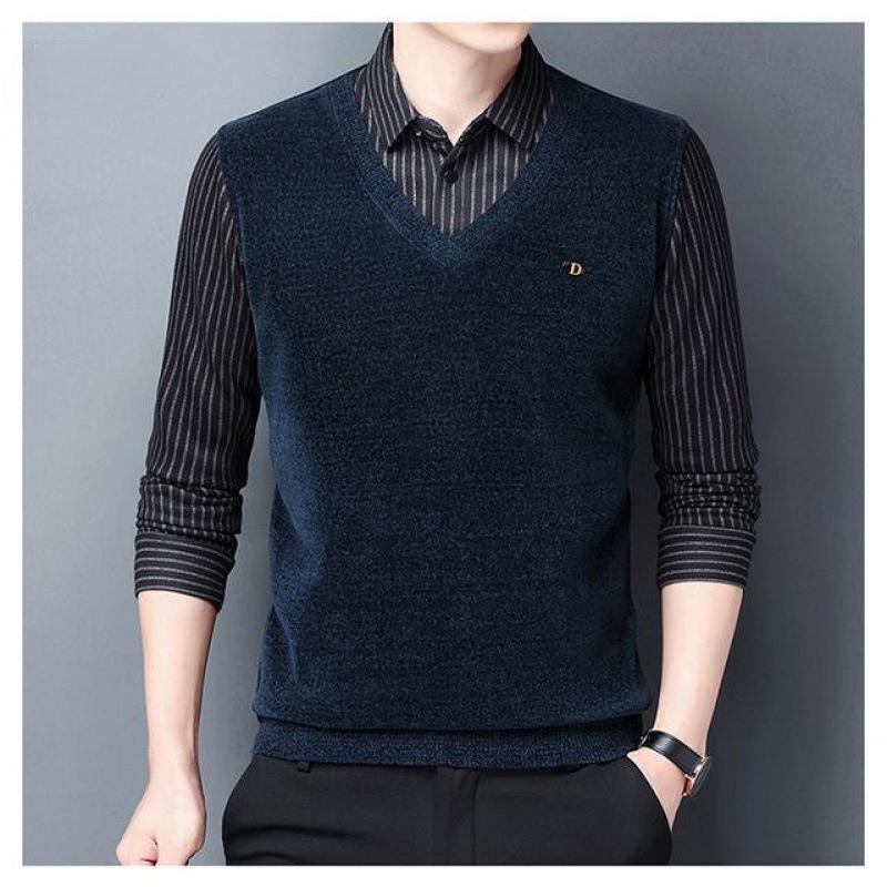 Spring and Autumn Sweater Men's Fake Two-Piece Knitted Sweaters Fashion Casual Leading Men's Business Bottoming Shirt Men