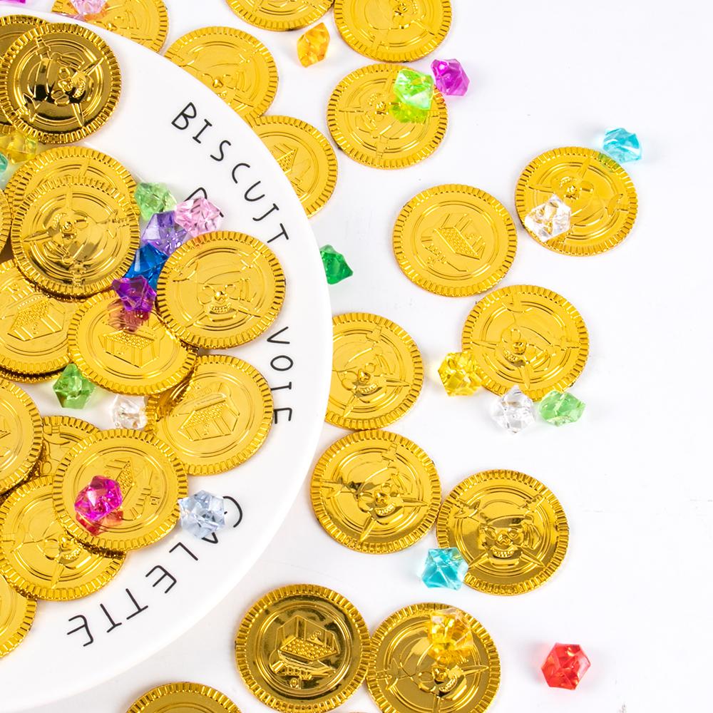 50-100 Stück Plastik Goldmünzen Vergrabener Schatz Piraten Edelsteine Schmuck Spielset Aktivitätsspiel für Piraten Themen Halloween Party Dekoration