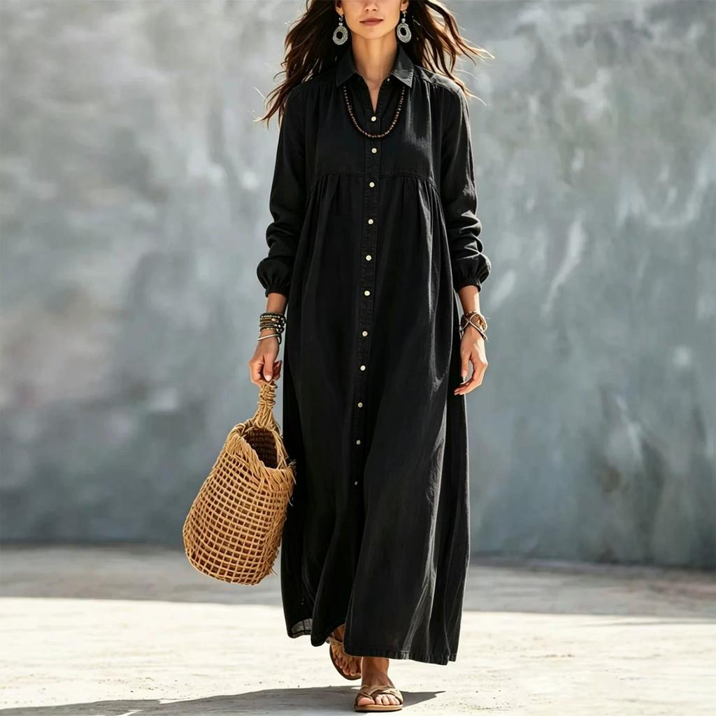 Women's Color Long Shirt Dress with Turn-Down Collar and Single-Breasted Button Front for Casual Wear