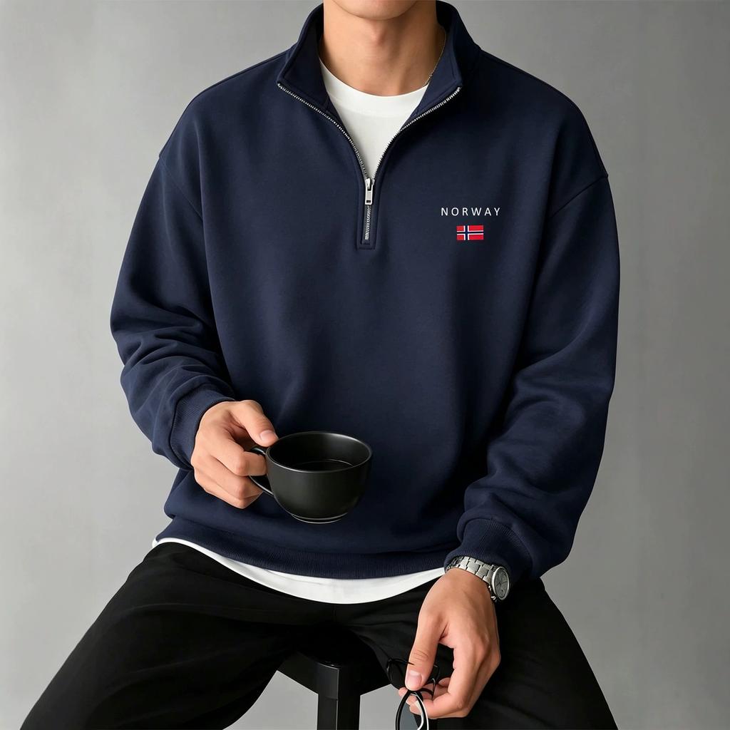 Casual semi-open sweater, Norwegian city chest small label men's basic long-sleeved bottoming jacket