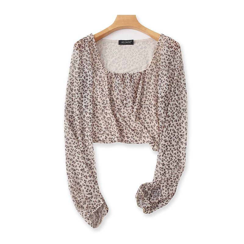 

round Collar Gauze Print Short Long Sleeves Shirt Silm Women s T-shirt Easiest for Match Slimming and Fashionable Crop Top Foreign Order Tops Rice bottom flower XL