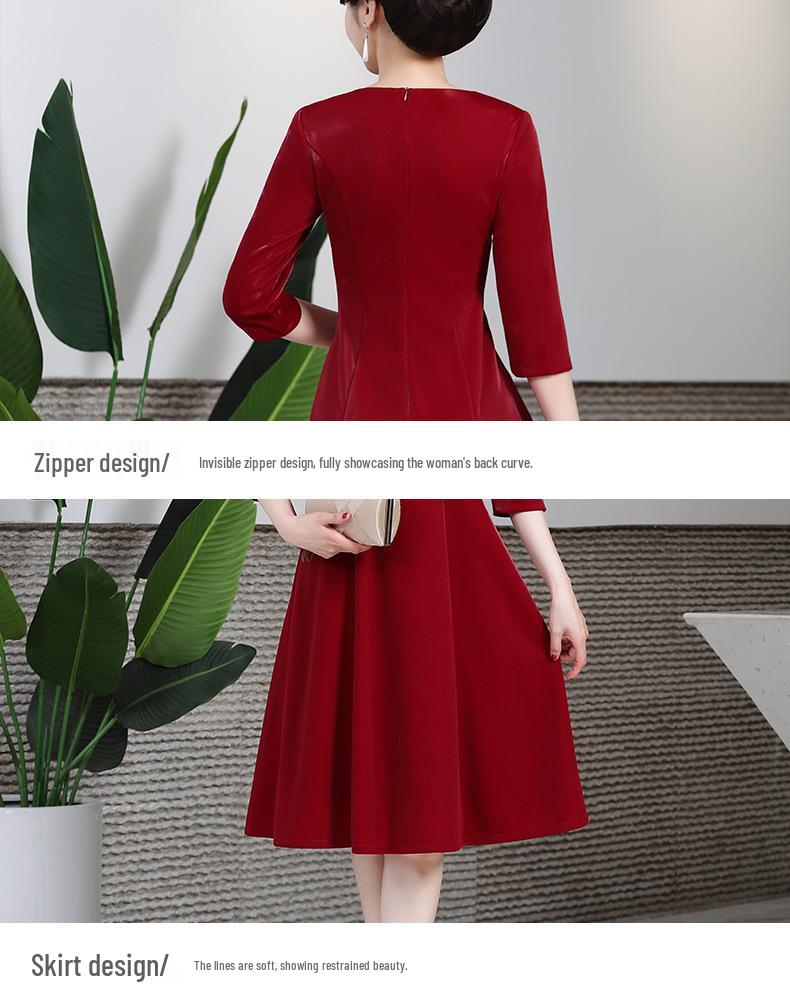 2021 Autumn Retro Mid-Length Dress for Middle-Aged & Elderly Mothers - Youthful Mid-Sleeve Style for Wedding Toast