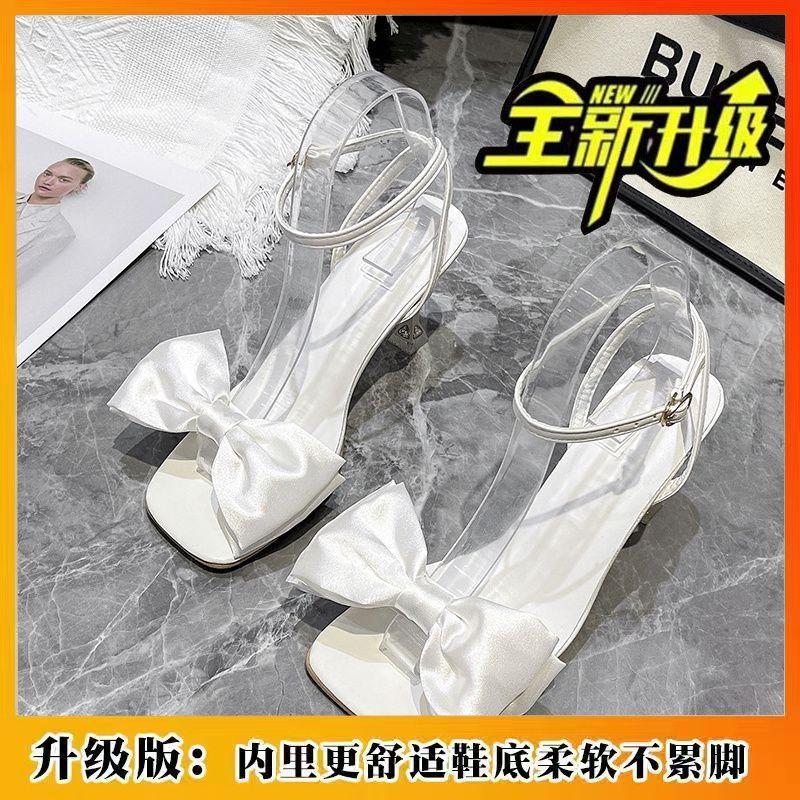 

New summer bow high-heeled sandals women s thick heel middle heel one-word buckle women s shoes 40