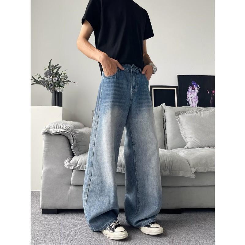 Mens Vintage Washed Distressed Denim Jeans Loose Straight Fit Casual Trousers
