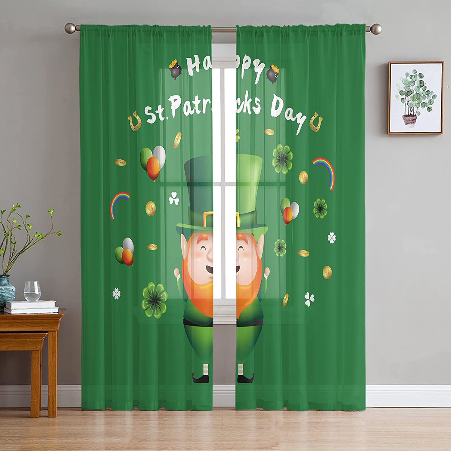 

Прозрачные шторы для спальни гостиной спальни St. Зеленый грузовик с изображением счастливого клевера, занавеска-вуаль с карманом на штанге 1 PCS W100XH250cm&Grommet Top