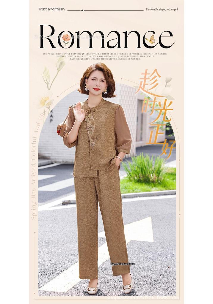 Chiffon Short Sleeve National Style Two-Piece Set for Middle-Aged Women