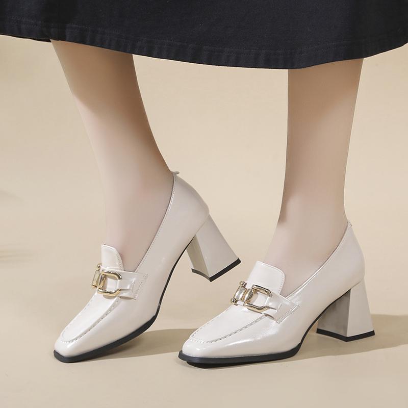 

Женские туфли на толстом каблуке и высоком каблуке весна/лето/осень, новые металлические декоративные туфли с квадратной головкой и неглубоким ртом, женские туфли