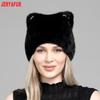 JERYAFUR Women Faux Fur Cat Ear Winter Hat, Cute Rhinestone Decor Fluffy Warm Fashion Ladies Cap for Cold Weather