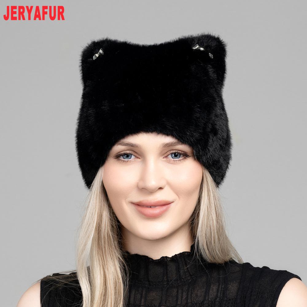 JERYAFUR Women Faux Fur Cat Ear Winter Hat, Cute Rhinestone Decor Fluffy Warm Fashion Ladies Cap for Cold Weather