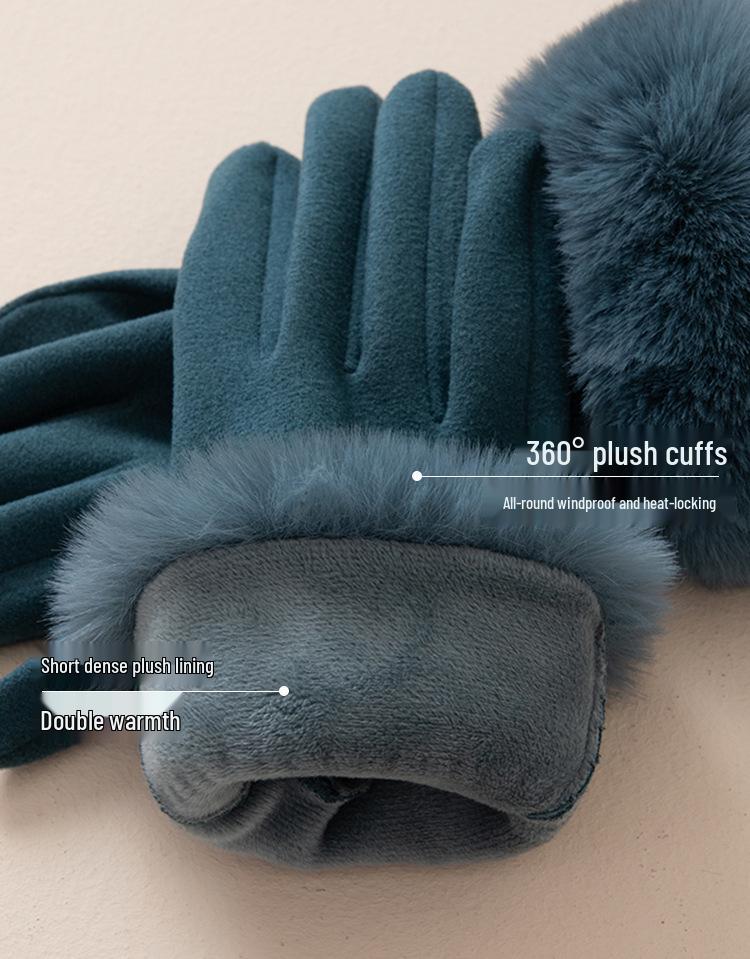 Damen Samt Kunstkaninchenfell Touchscreen Fahrradhandschuhe - Winddicht, Warm, Fleecegefüttert für Herbst & Winter