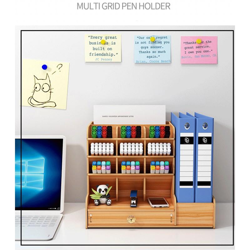 Desk Organizer A4 Paper Books Multi-functional Slanted Storage Box With Compartments Wooden Desktop Stationery Holder