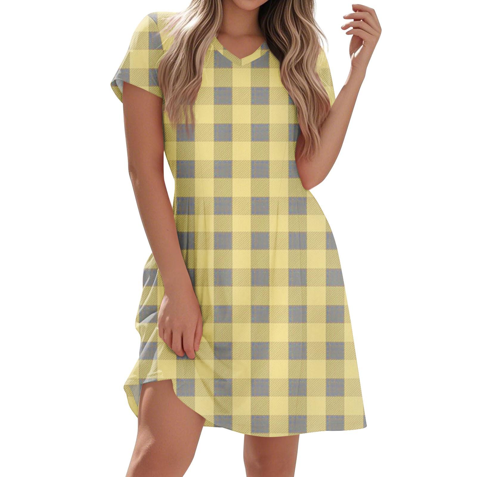 

Женское модное повседневное платье с коротким рукавом и V-образным вырезом с геометрическим принтом для дома и отдыха XL жёлтый