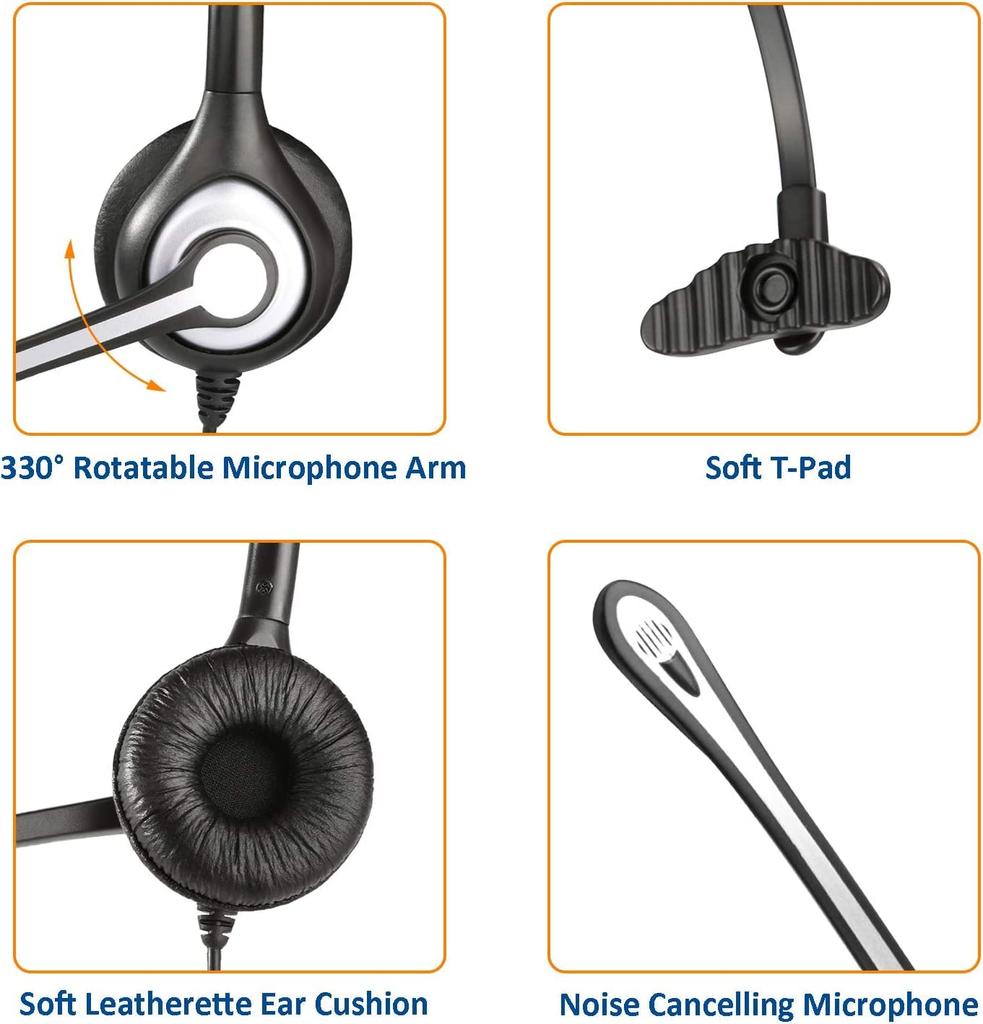 Telephone Headset, Single Ear, Noise-Canceling Microphone, Headphone for Landline Telephones, Wantek RJ9, Call Center Telephone Headset, Compatible Wi