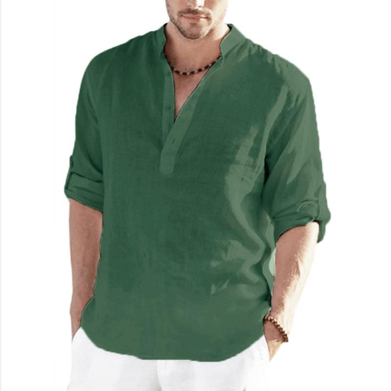 T-shirt di Lino da Uomo Top Largo Tinta Unita Maniche Lunghe Camicia di Cotone Lino