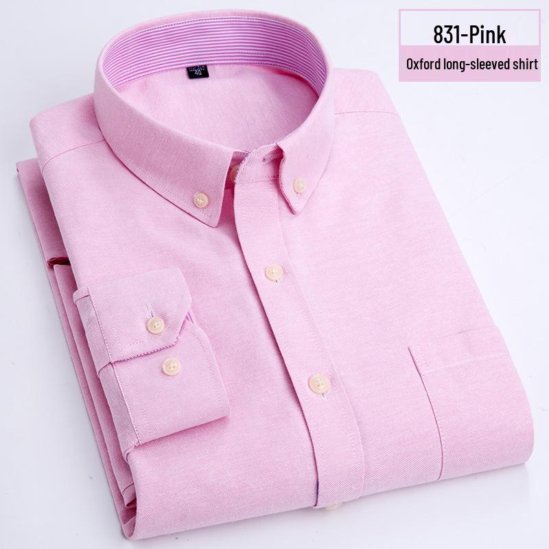 Men's Oxford Cloth Button-Down Shirt - All-Season, Long-Sleeved, Contrast Collar, Casual Cardigan Style for Middle-Aged and Elderly