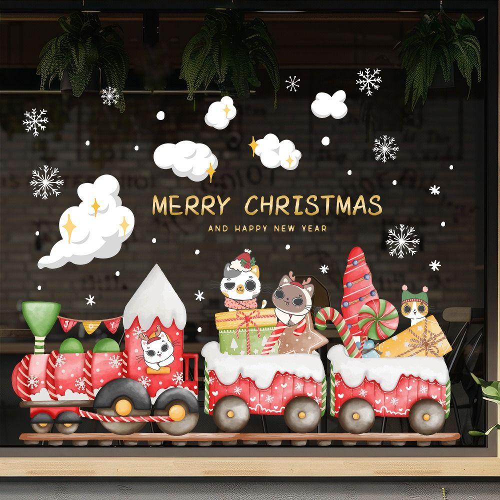 Multicolor Merry Christmas Sticker Cartoon Animal Electrostatic Christmas Train Window Sticker Removable Ornament