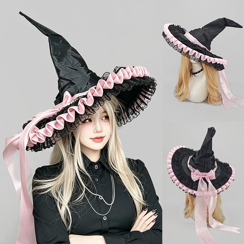 Halloween Dark Lace Witch Hat Cosplay Headpiece for Beach Conventions Subculture Semi-handmade Adjustable Character Wizard Hat