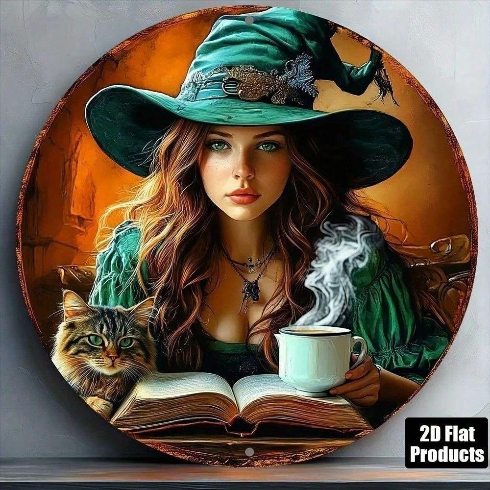 Vintage Black Cat Witch Metal Poster Wall Sign for Kitchen Bar Cafe Office Halloween