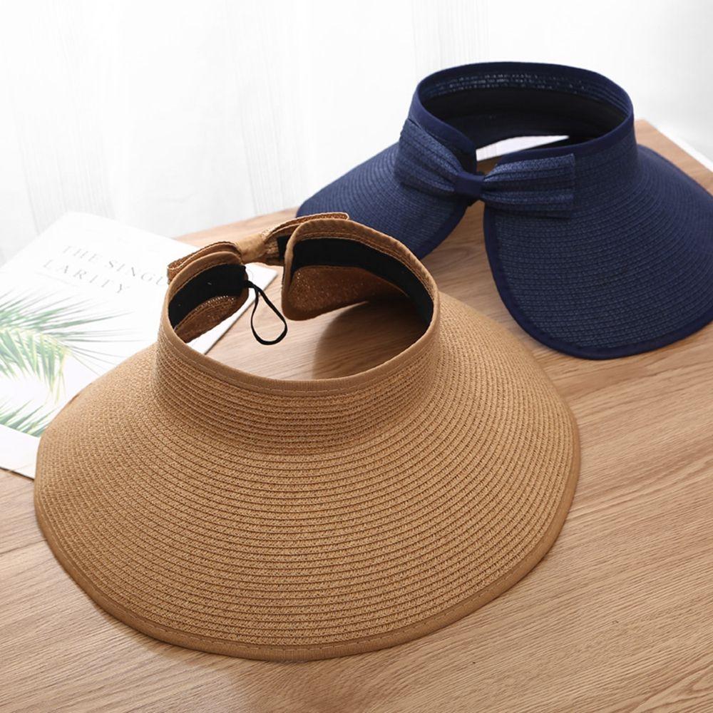Roll-Up Sun Cap Big Brim Foldable Hat Bow Empty Top Cap Weave Sun Cap Sun Hat Packable Straw Hat