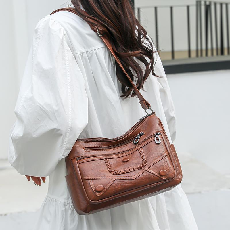 Crossbody Bag Middle-aged Women's Bag Soft Leather Large Capacity Multi-layer Shoulder Bag
