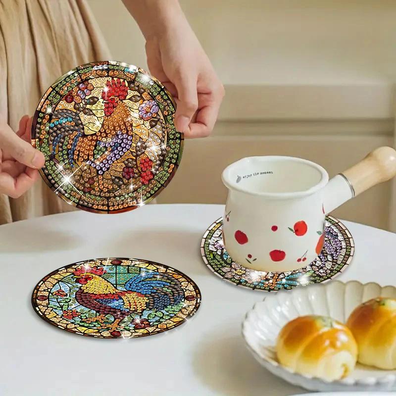 8 Stück/Set Untersetzer mit Diamantmalerei und Hühnermuster, DIY-Untersetzer mit Halter, Geeignet für Anfänger und Erwachsene, Kunst- und Bastelbedarf Geschenke