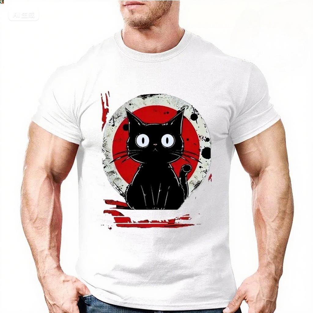 Summer Round Neck 3D Japanese Black Anime Cat Pattern Print Top Fashionable Casual Short Sleeved Men's T-shirts