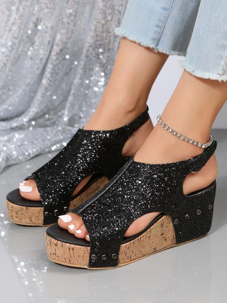 

Летние новые сандалии с пайетками на плоской подошве и платформе, женская обувь 35 чёрный