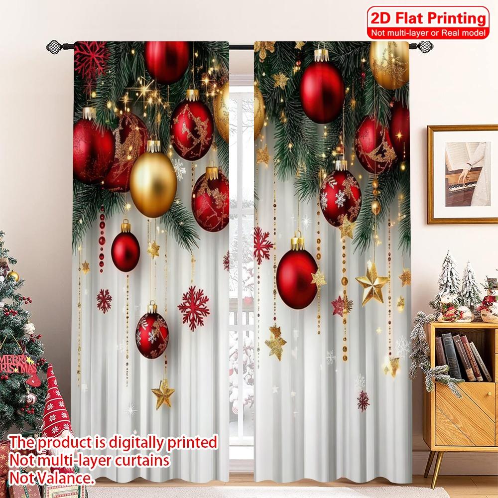 2D Flat Printing 2pcs Merry Christmas Party Curtains Red and Gold Ball Pine Branch Snowflake Versatile 100% Polyester Without