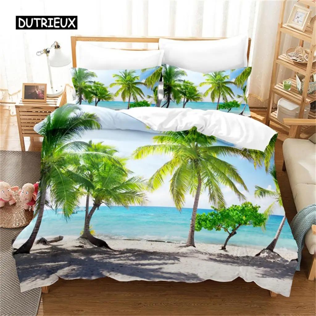 Beach Coconut 3D Tree Duvet Cover Ocean Beach Plants Bedding Collection Comforter Cover Collection For Boy Girls Bedroom Decor Bedding Collections