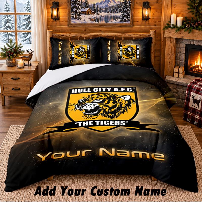 Hull City Muster Bettwäsche 3-teiliges Set Benutzerdefinierter Name, Bettlaken und Kissenbezüge für Zuhause Schlafzimmer