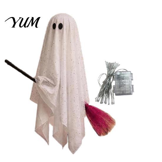 Halloween Hanging Ghost Decorations Outdoor Decoration, Large on Broom, Spooky Porch Decor Flying Gauze for Tree, Porch, Yard, Patio, Outside