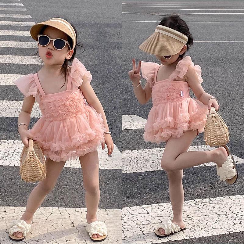 

Girls Pink Backless Mesh Skirt Swimsuit - 2025 Summer Collection 90