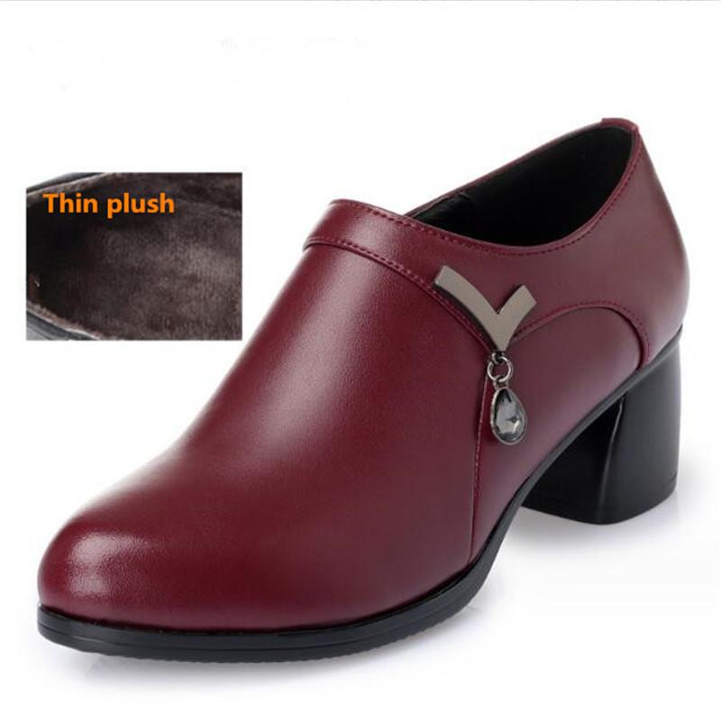 Genuine Leather Block Heel Deep Mouth Pumps Women Shoes Spring Autumn Female High Heels Shoes Ladies Office Party Shoes