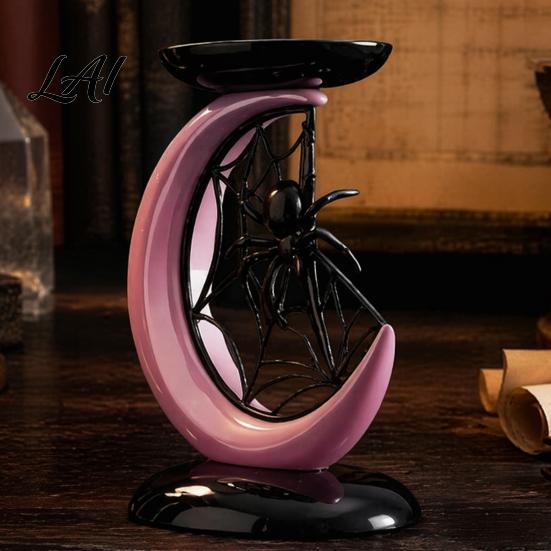 Cool Girly Room Decor Halloween Pink Moon Spider Candle Holder Sweet Dark Aesthetic Tray for Aromatherapy Stand Pillar Candles Gothic Resin Tabletop