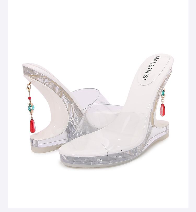 

Summer Bridal Red Wedges Crystal Slippers Transparent 12cm High Heels Sandals Shoes Woman Sandalias Catwalk Shows Diamond Pumps 41 белый