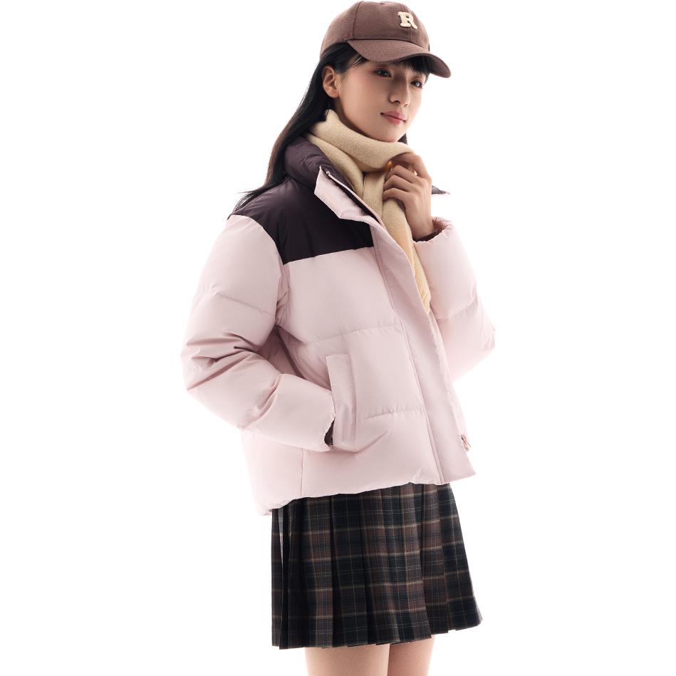 Anta Bequeme Lässige Farbblock Stehkragen Reißverschluss Warme Daunenjacke Damen Oberbekleidung Ebenholzbraun Winterrosa 962447907-3