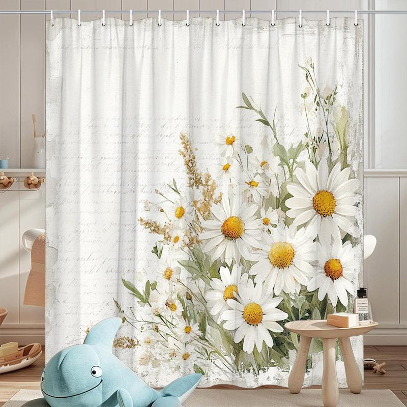 Antyczny Bukiet Stokrotek Zasłona Prysznicowa - Wzór Kwiatowy z Teksturą Starego Papieru, Białe i Żółte Stokrotki, Tkanina Poliestrowa