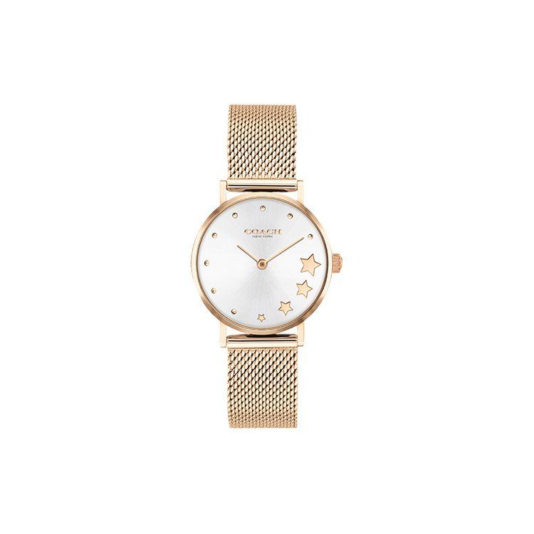 Coach Perry Quartz Watch Stainless Steel Band Gold Dial Star Decorated Dial Simple Braided Chain Women watches 14503520 Regular Watch Box,Silver Dial 14503520